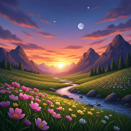 Captivating Sunset Scene: Mountains, Flowers & Evening Tranquility