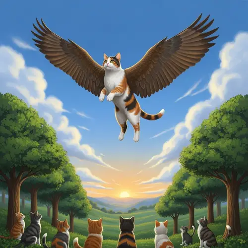 Flying Cat with Feathered Wings | Soaring Calico Feline