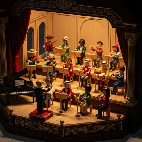 Toy Orchestra: Miniature Musicians in Detailed Wooden Stage