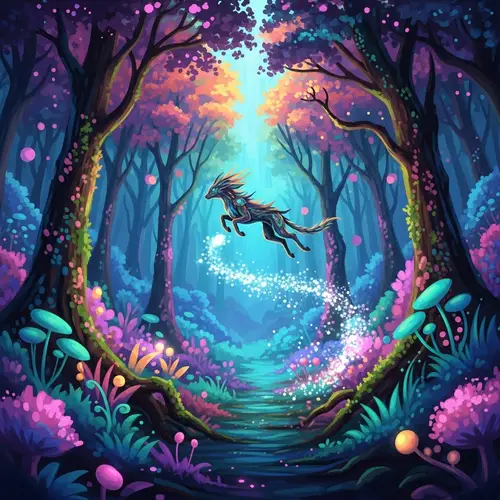 Mystical Forest with Vibrant Colors and Magical Creature