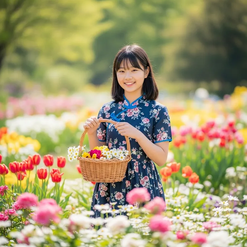 Scenic Summer Fantasy: Mid-Teens East Asian Girl Amid Colorful Flowers