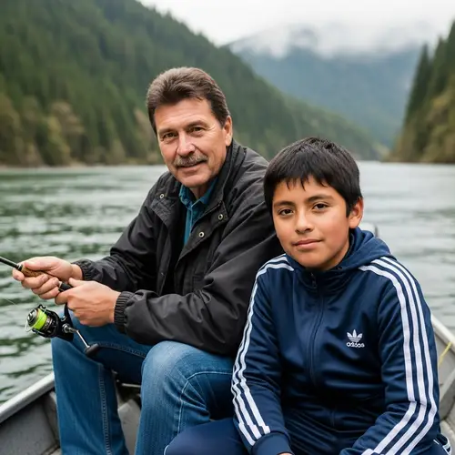 Caucasian Man Fishing with Grandson in a Picturesque Forest