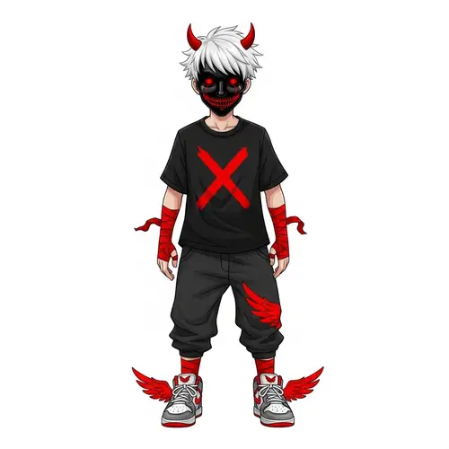 Young Caucasian Boy with Stark White Hair and Sinister Black Mask