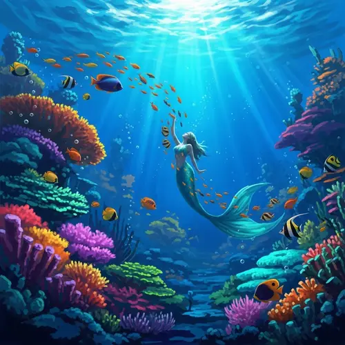 Fantastical Underwater Panorama with Mermaid and Tropical Fish