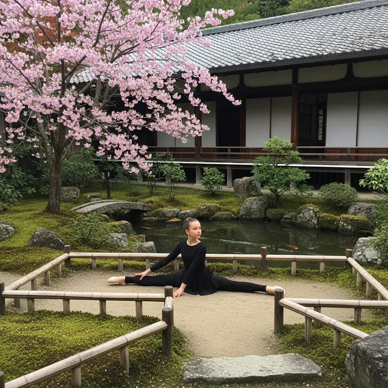 Russian Girl in Black Attire in Japanese Garden Splits
