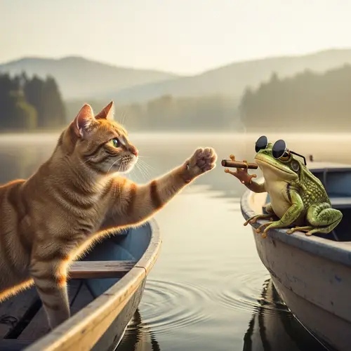 Cat and Frog High-Five on Boat | Cool Frog with Sunglasses