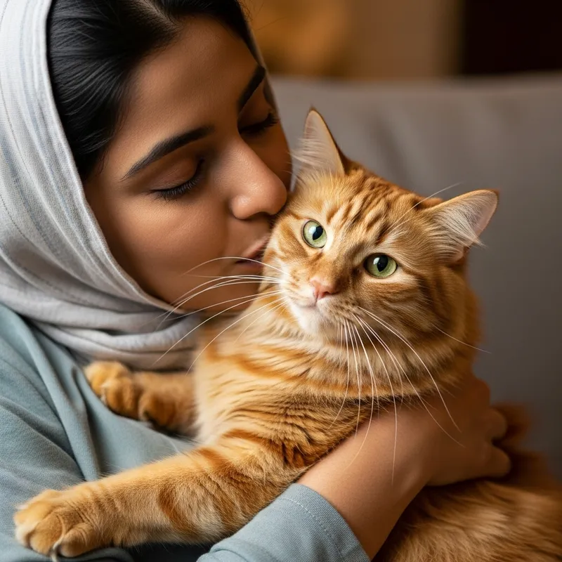 Muslim Woman Kissing Adorable Red Cat