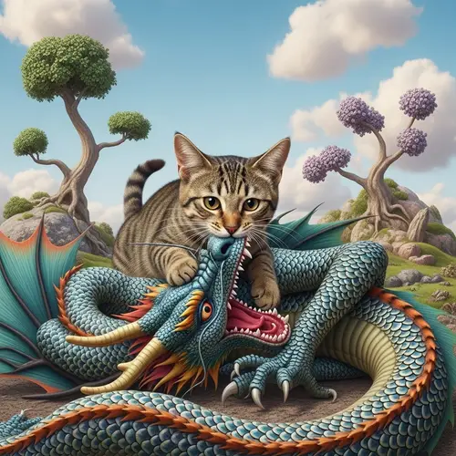 Brave Cat Eating Dragon in Surreal Fantasy World