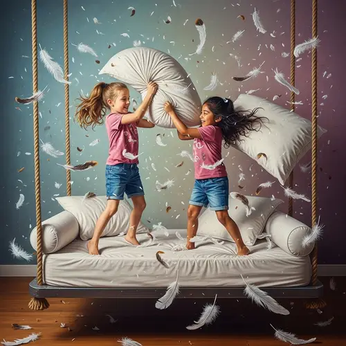 Playful Pillow Fight of Two Young Girls on Bed Swing