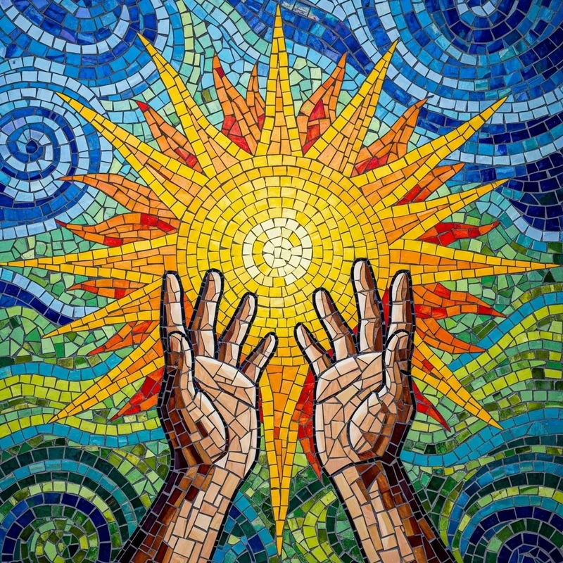 Brilliant Sun Mosaic with Reaching Hands - Sparkling Tile Art | Sol Mozaico Manos Brilliant Sun Mosaic with Reaching Hands - Sparkling Tile Art | Sol Mozaico Manos