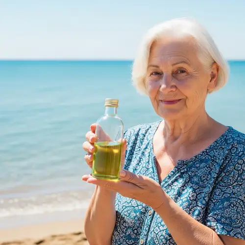 Happy Elderly Woman with Avocado Oil at Beach