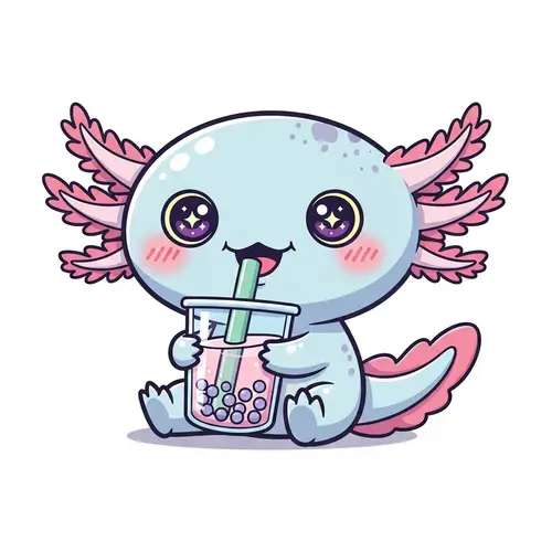 Enchanting Axolotl Character Drinking Bubble Tea | Kawaii Style Art