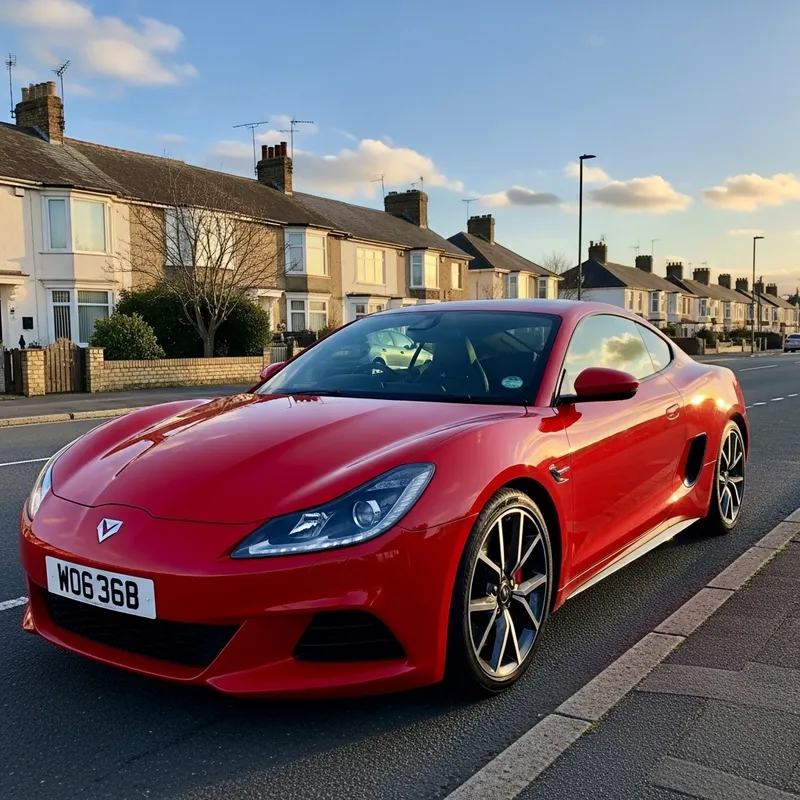 Red Car on Quiet Street at Sunset