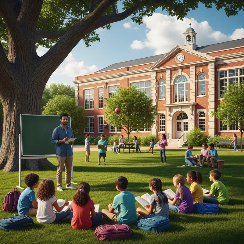 Beautiful School Landscape with Diverse Students Beautiful School Landscape with Diverse Students