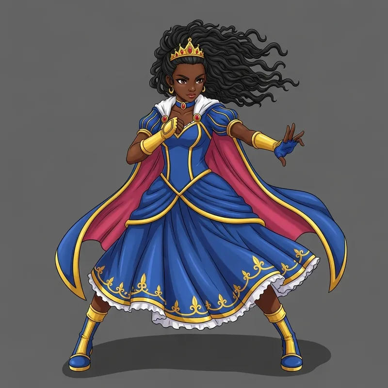 Anime Teenage African-American Princess Street Fighter in Blue Pink Gold