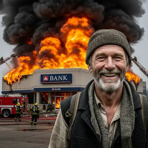 Smiling Homeless Man Amid Burning Bank - Hopeful Expression