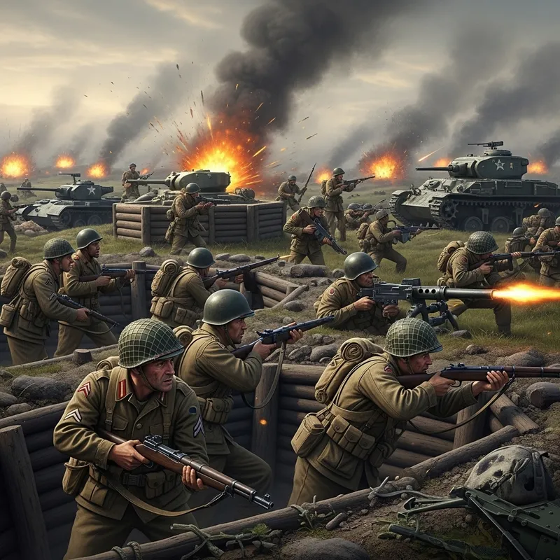 WW2 Battle Scene: Soldiers, Trenches, Tanks, Explosions