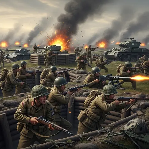 World War II Battle Scene with Diverse Soldiers: Trenches, Tanks, Explosions