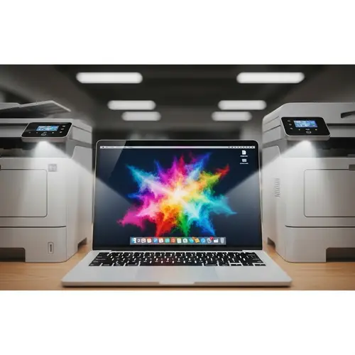 High-Resolution Starry Laptop Display with Modern Printers