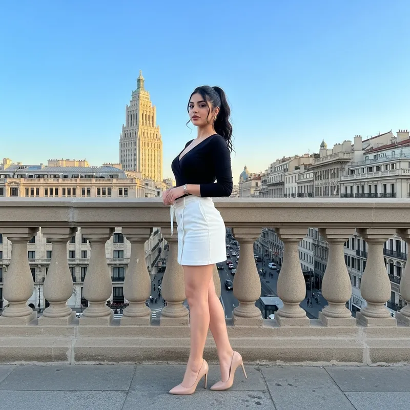 Middle-Eastern Woman in White Mini Skirt and High Heels: Elegant City Look Middle-Eastern Woman in White Mini Skirt and High Heels: Elegant City Look