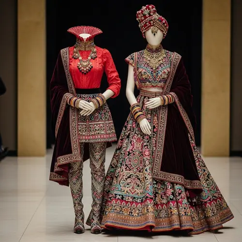 Fashion Designer's Striking Outfit with Intricate Patterns and Textures