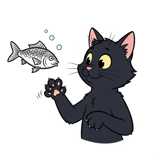 Playful Cartoon Cat with Dancing Fish - Fun Art