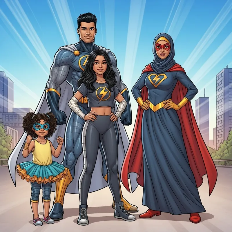 Vibrant South Asian Superhero Family | Striking Comic Illustration