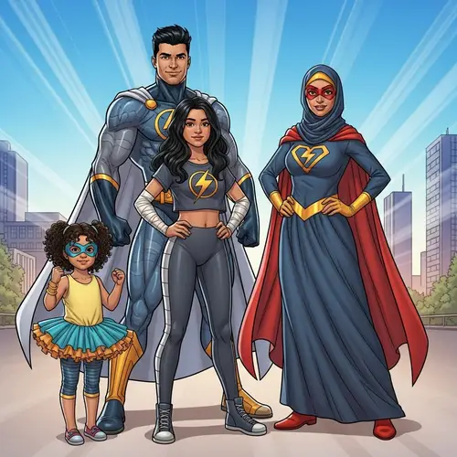 Superhero Family of Four | Vibrant Comic Book-Style Illustration