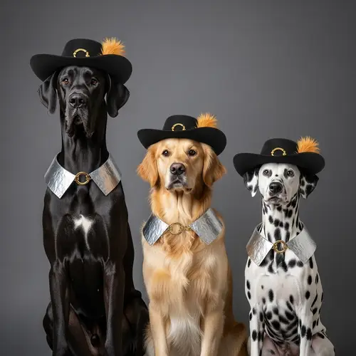 The Three Musketeer Dogs: Great Dane, Golden Retriever, Dalmatian