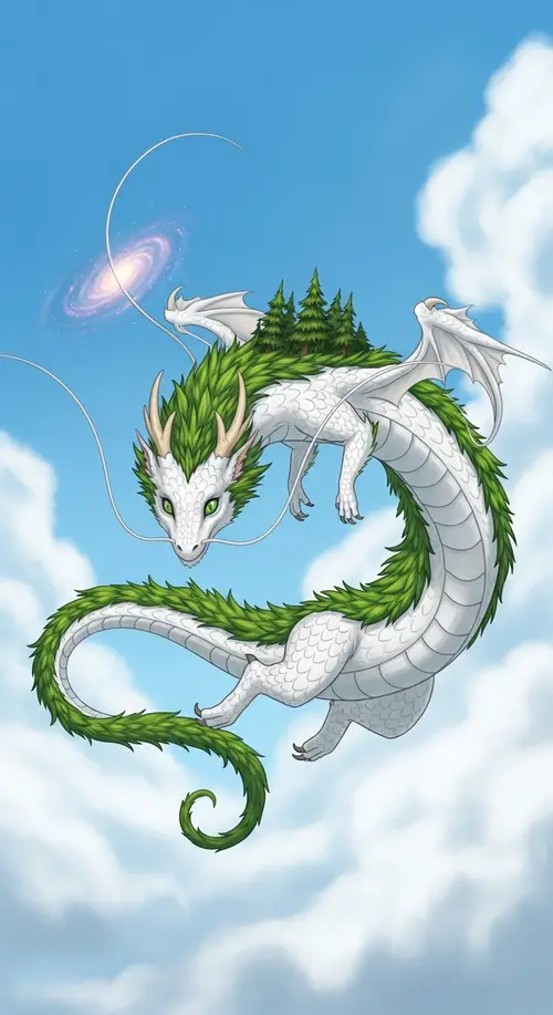 Whimsical White Scales Dragon Soaring Through Sky with Green Fur