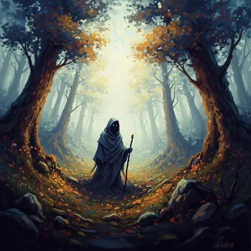 Mysterious Figure in Misty Forest - Vibrant Impressionist Art