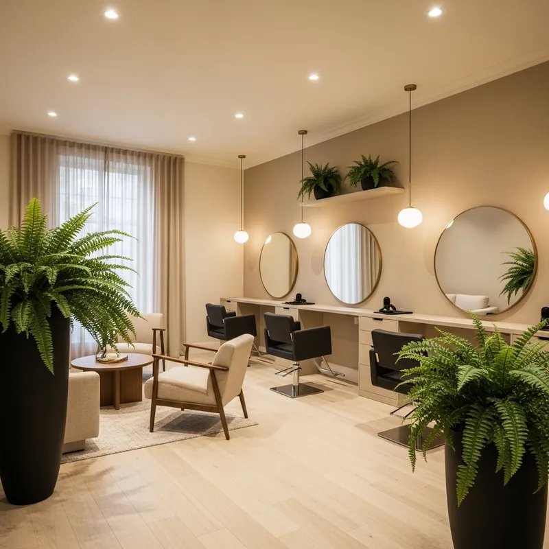 Beige Hair Salon Background with Fern Plants - Stylish and Natural Décor
