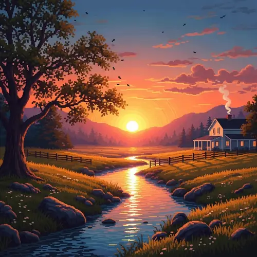 Serene Landscape Pixel Art | Sunset Golden Hour Scene
