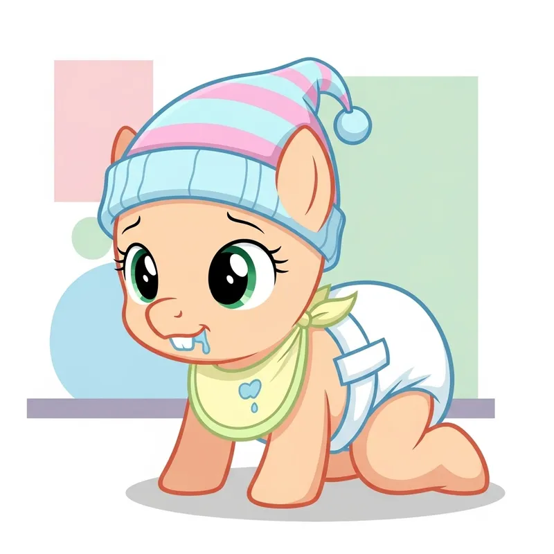 Cute Baby Pony in Diapers Crawling with Baby Tooth and Bib Cute Baby Pony in Diapers Crawling with Baby Tooth and Bib