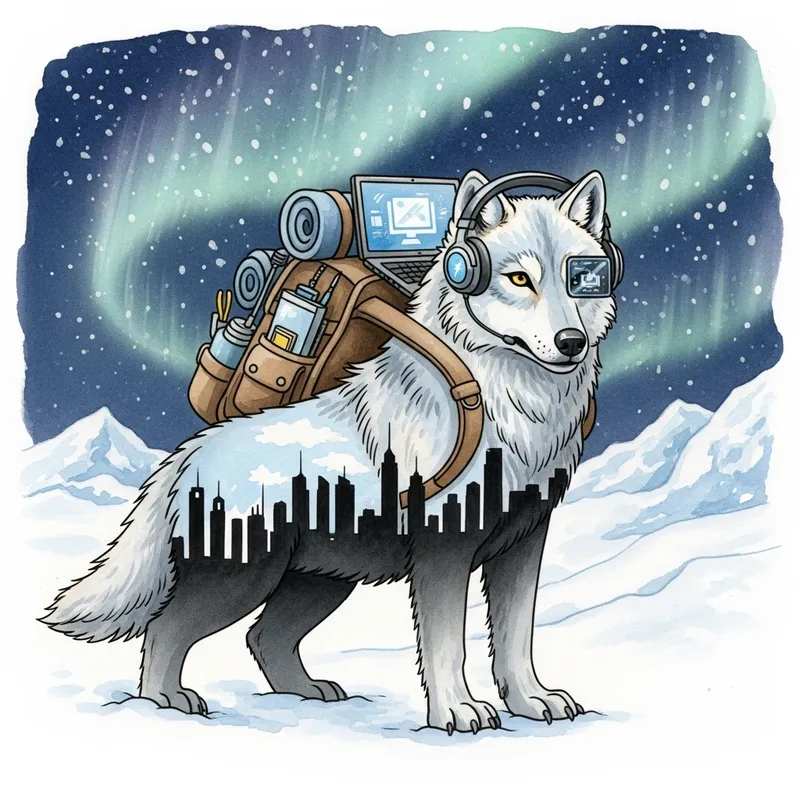 Digital Nomad Arctic Wolf Watercolor Illustration