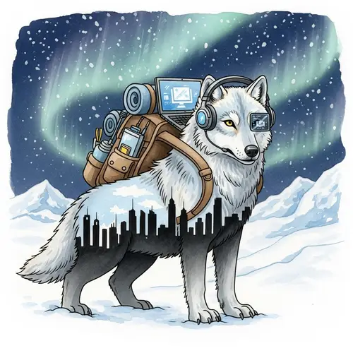 Digital Nomad Arctic Wolf Watercolor Illustration