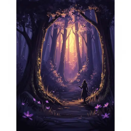 Enchanting Mystical Forest Painting in Purple & Gold