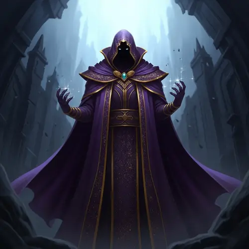 Mysterious Cloaked Figure in Fantasy Concept Art | Deep Purples & Shimmering Golds