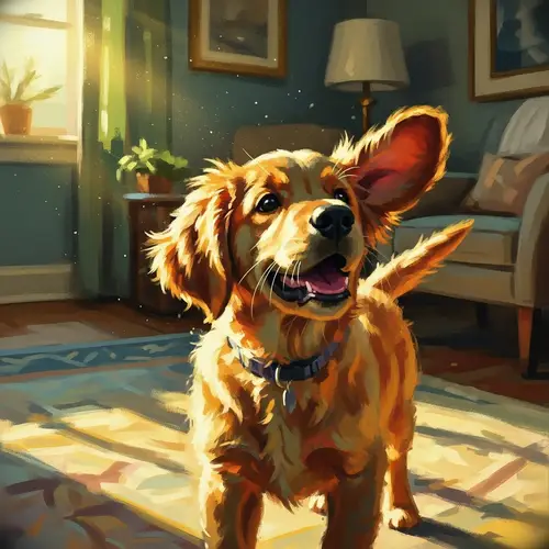 Playful Dog in Cozy Living Room - Impressionist Painting Style