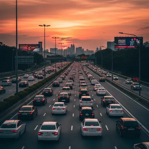 Festive Evening Traffic on Multilane Highway - First Day of Raya