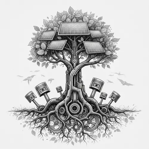 Biomechanical Tree: Connecting Nature with Machinery | Pencil Drawing Style
