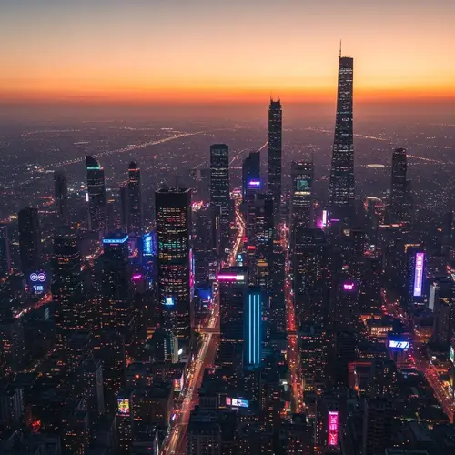 Futuristic Cityscape Sunset View | Neon Lights Drone Shot