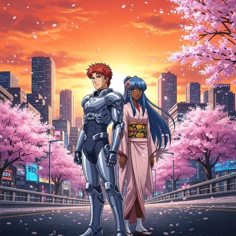 Futuristic Anime Characters in Cityscape