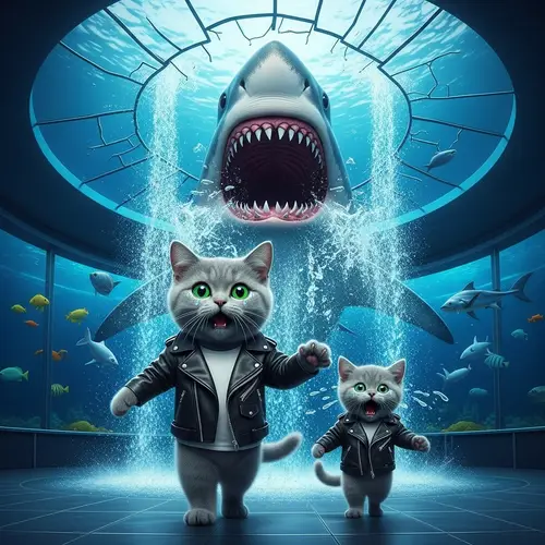 Realistic Grey Cat and Kitten in Aquarium Drama