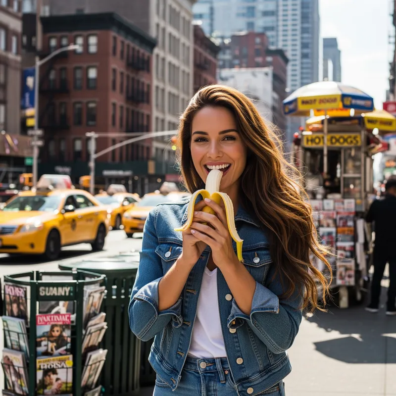 Beautiful Woman Eating Banana in New York Street