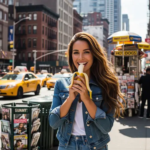Beautiful Woman Eating Banana in New York Street