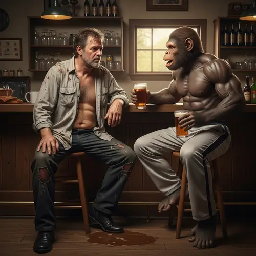 Rustic Tavern Encounter: Drunken Man and Muscular Ape-Man