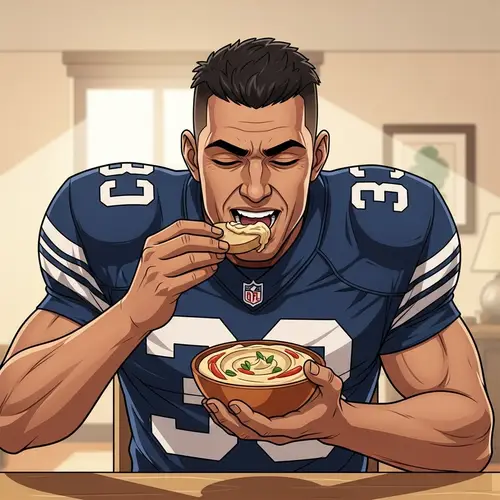 Athletic Man Enjoying Hummus - Football Player Delighting in Meal
