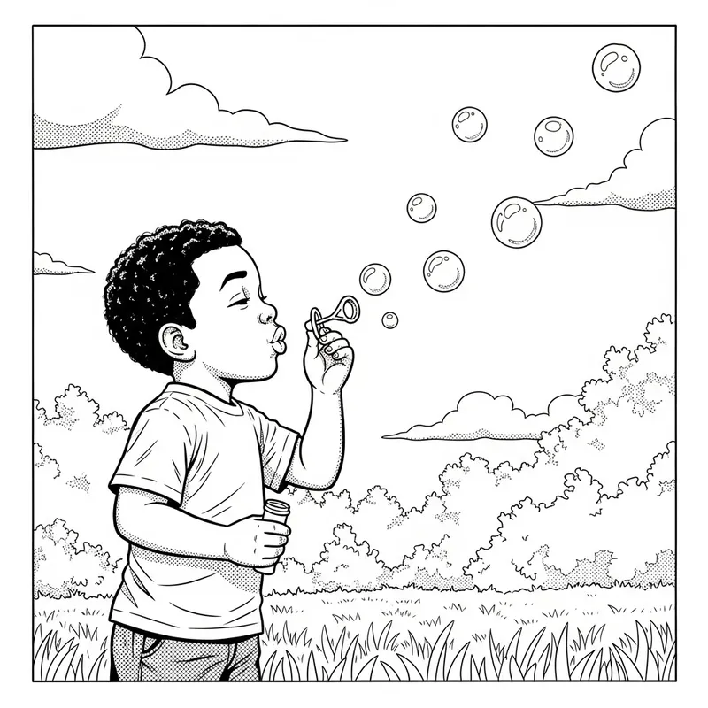 Innocent Wonder: Child Blowing Bubbles Comic Coloring Page