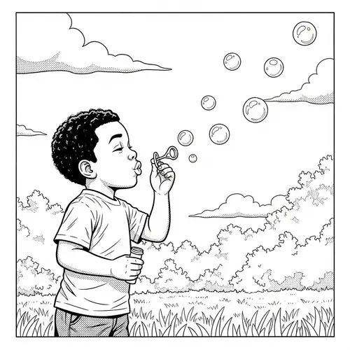 Vintage Comic Inspired Child Blowing Bubbles Coloring Page